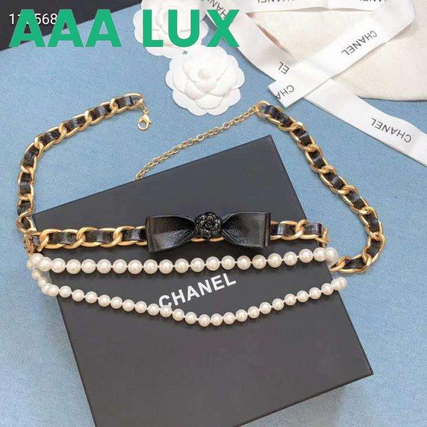 Replica Chanel Women Metal Glass Pearls & Calfskin Gold Pearly White & Black Belt 4