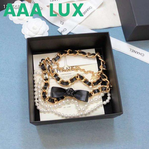 Replica Chanel Women Metal Glass Pearls & Calfskin Gold Pearly White & Black Belt 5
