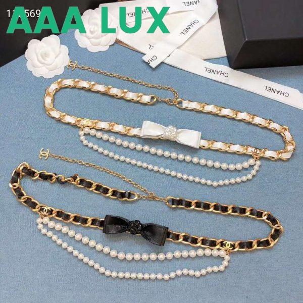 Replica Chanel Women Metal Glass Pearls & Calfskin Gold Pearly White & Black Belt 12