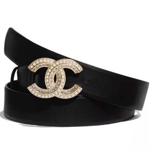 Replica Chanel Women Calfskin & Gold Metal & Strass & Pearls Belt-Black