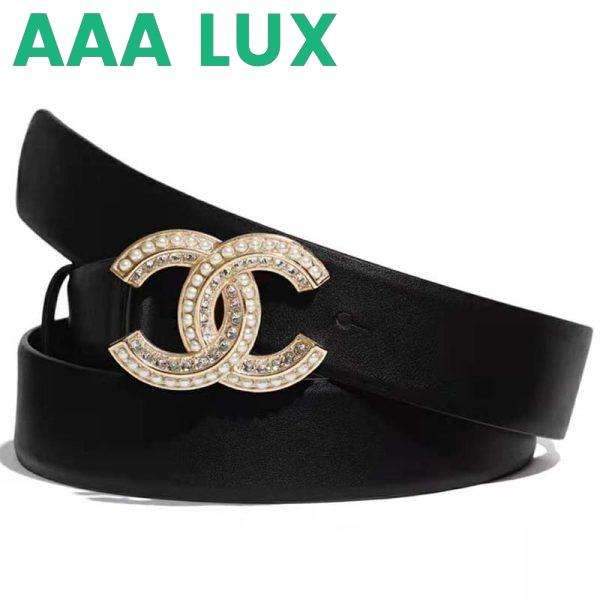 Replica Chanel Women Calfskin & Gold Metal & Strass & Pearls Belt-Black 2