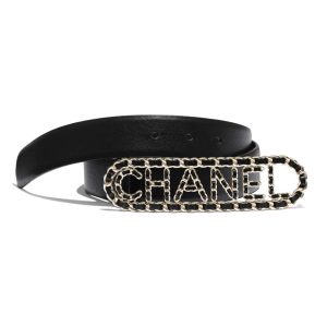 Replica Chanel Women Calfskin Gold-Tone Metal & Lambskin Belt-Black