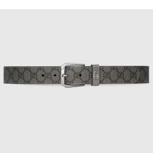 Replica Gucci GG Unisex Belt Interlockig G Grey Black GG Supreme Canvas Leather Square Buckle 2