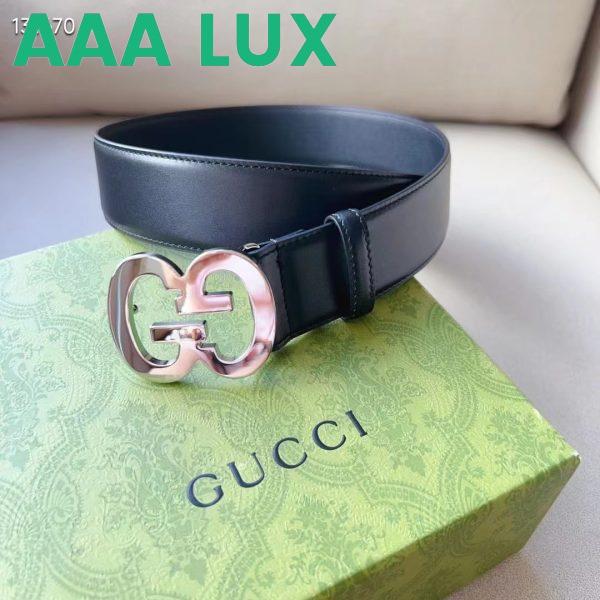 Replica Gucci GG Unisex Buckle Wide Belt Black Leather Double G 4 CM Width 8