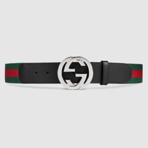 Replica Gucci Unisex GG Web Belt with G Buckle in Green and Red Web