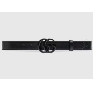Replica Gucci Unisex GG Marmont Thin Belt Black Leather Double G Buckle 2.5 cm Width