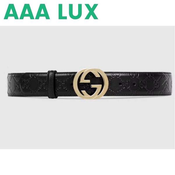 Replica Gucci Unisex GG Signature Leather Belt Interlocking G Buckle Gold Hardware 4 cm Width 2