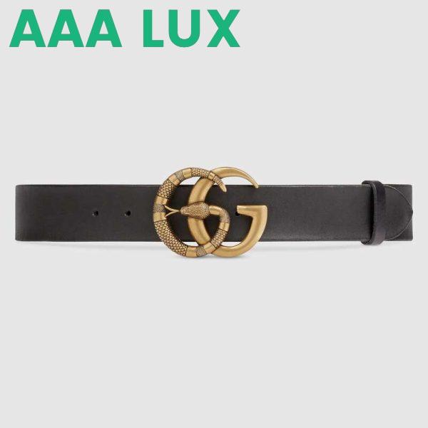 Replica Gucci Unisex Leather Belt with Double G Buckle with Snake in Black Leather 2