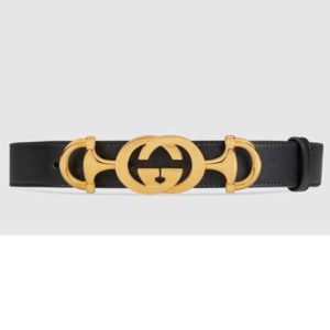 Replica Gucci Unisex Leather Belt with Interlocking G Horsebit-Black 2