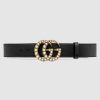 Replica Gucci Unisex Leather Belt with Interlocking G in Black Leather 9