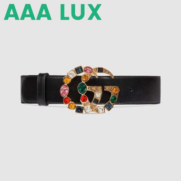 Replica Gucci Women Leather Belt with Crystal Double G Buckle in Black