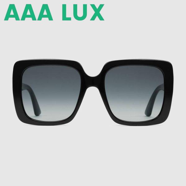 Replica Gucci Unisex Rectangular-Frame Acetate Sunglasses Shiny Black Acetate Temples Crystals