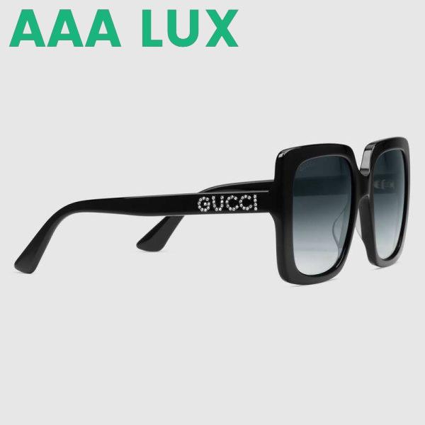 Replica Gucci Unisex Rectangular-Frame Acetate Sunglasses Shiny Black Acetate Temples Crystals 3