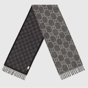 Replica Gucci Unisex GG Jcquard Pattern Knit Scarf Tassels Grey Wool Light Grey GG