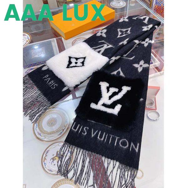 Replica Louis Vuitton LV Unisex Cold Reykjavik Scarf Black Monogram Flowers Cashmere Pockets Mink Fur 3