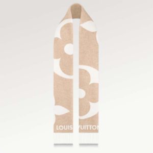 Replica Louis Vuitton LV Unisex Ultimate Shine Scarf Beige Allover Monogram Pattern Fringe Finish