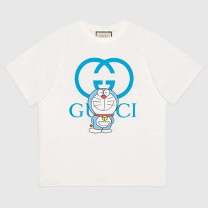 Replica Gucci Men Doraemon x Gucci Oversize T-Shirt Ivory Cotton Jersey Crewneck-Blue 2