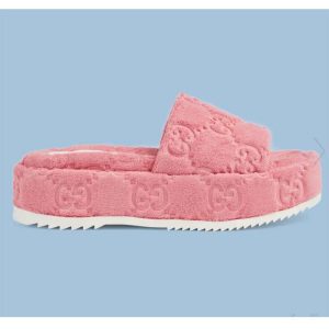 Replica Gucci Unisex GG Platform Sandals Pink GG Cotton Sponge Rubber Sole 3 Cm Heel