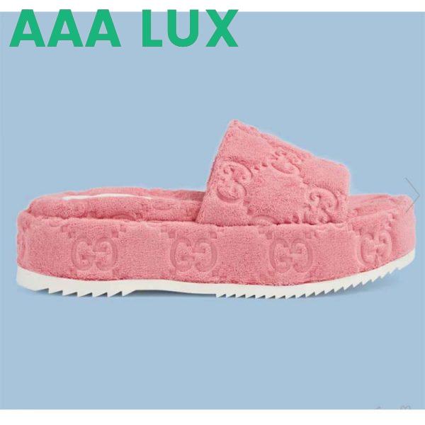 Replica Gucci Unisex GG Platform Sandals Pink GG Cotton Sponge Rubber Sole 3 Cm Heel