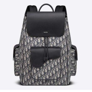 Replica Dior Unisex CD Saddle Backpack Beige Black Dior Oblique Jacquard Grained Calfskin
