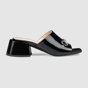 Replica Gucci Women Patent Leather Mid-Heel Slide 5.1cm Chunky Heel-Black