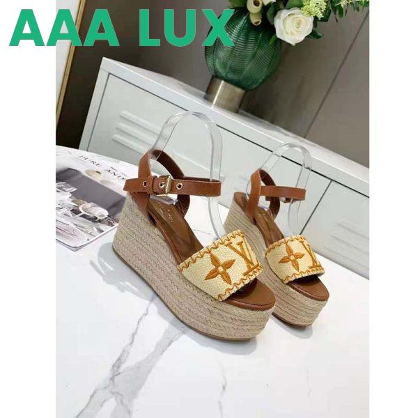 Replica Louis Vuitton Women Boundary Wedge Sandal Raffia and Tan Calf Leather 2