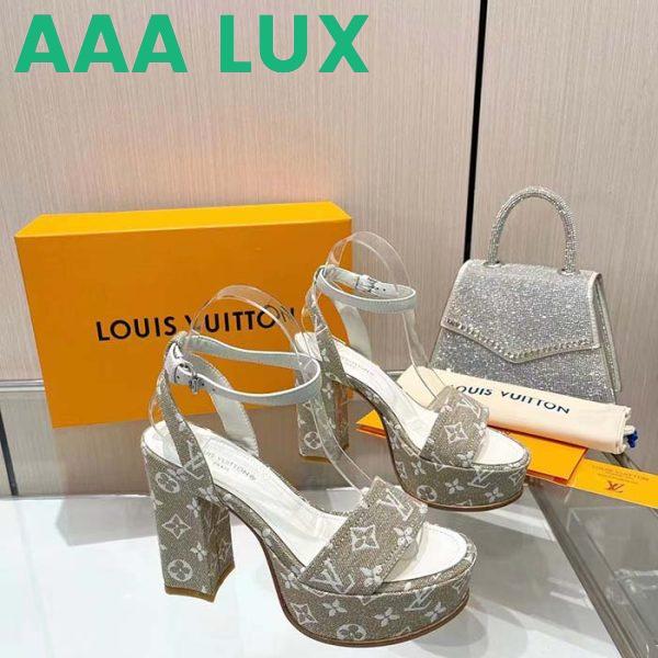 Replica Louis Vuitton Women LV Fame Platform Sandal Beige Monogram Denim Leather 11.5 CM Heel 3