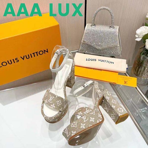 Replica Louis Vuitton Women LV Fame Platform Sandal Beige Monogram Denim Leather 11.5 CM Heel 5