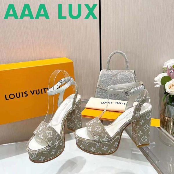 Replica Louis Vuitton Women LV Fame Platform Sandal Beige Monogram Denim Leather 11.5 CM Heel 6