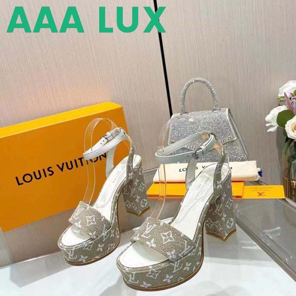 Replica Louis Vuitton Women LV Fame Platform Sandal Beige Monogram Denim Leather 11.5 CM Heel 7