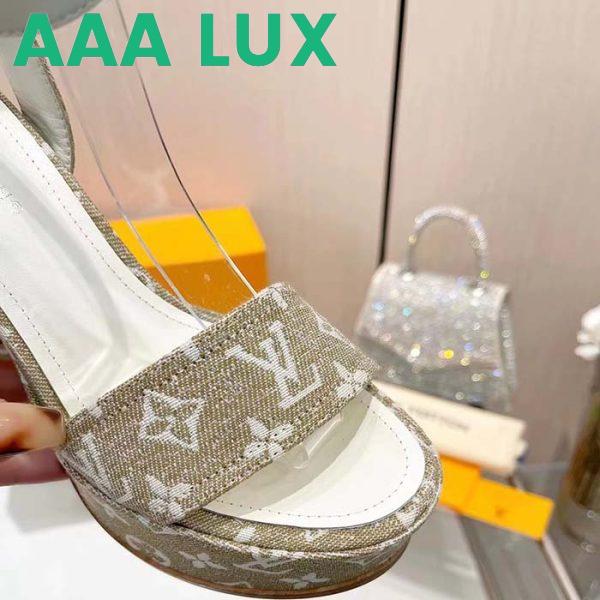 Replica Louis Vuitton Women LV Fame Platform Sandal Beige Monogram Denim Leather 11.5 CM Heel 9