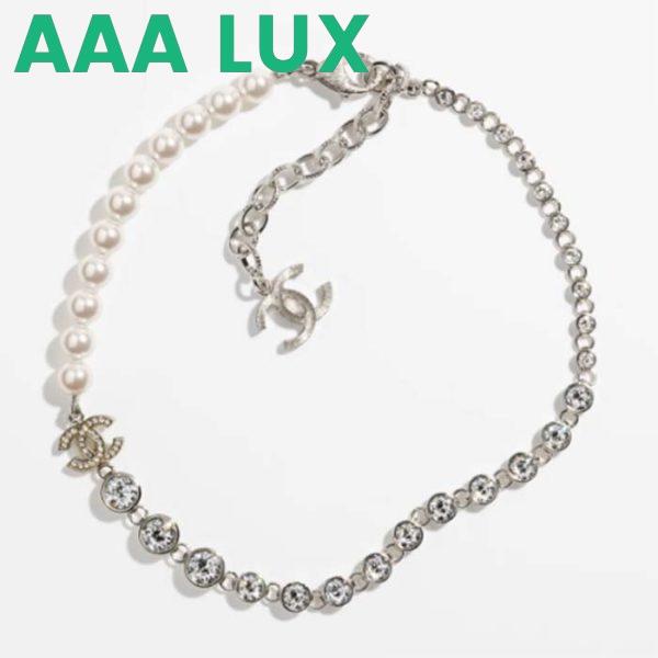 Replica Chanel Women CC Necklace Metal Glass Pearls Strass Silver Pearly White Crystal 2