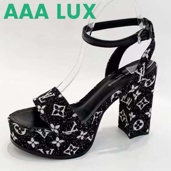 Replica Louis Vuitton Women LV Fame Platform Sandal Black Monogram Denim Leather 11.5 CM Heel