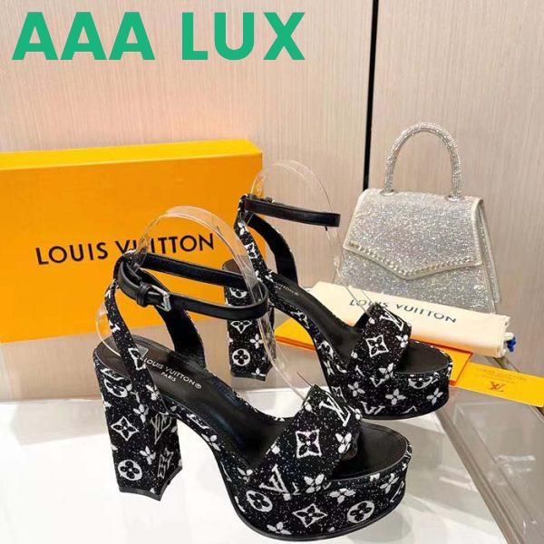 Replica Louis Vuitton Women LV Fame Platform Sandal Black Monogram Denim Leather 11.5 CM Heel 7