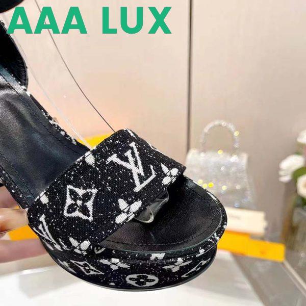 Replica Louis Vuitton Women LV Fame Platform Sandal Black Monogram Denim Leather 11.5 CM Heel 10