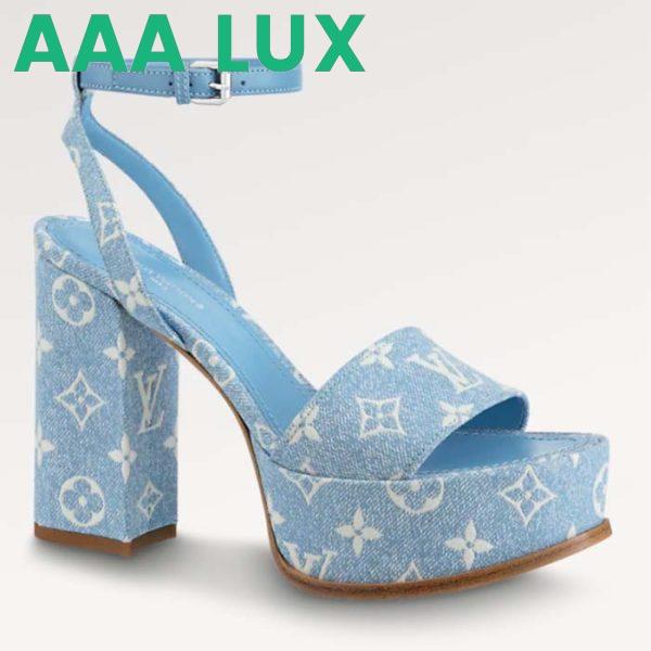 Replica Louis Vuitton Women LV Fame Platform Sandal Blue Monogram Denim Leather 11.5 CM Heel 2
