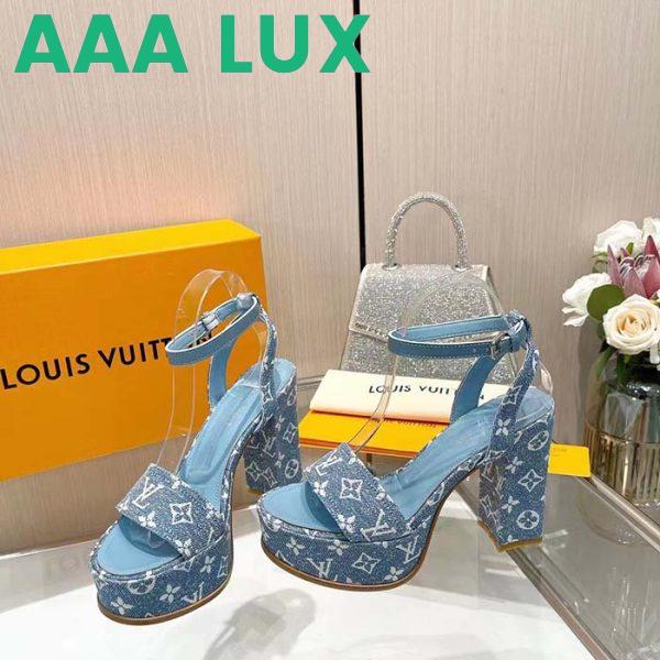 Replica Louis Vuitton Women LV Fame Platform Sandal Blue Monogram Denim Leather 11.5 CM Heel 6