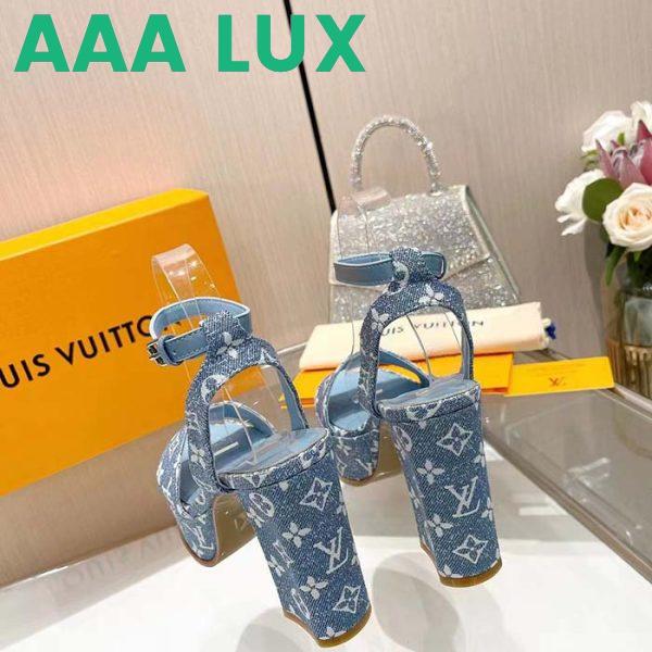 Replica Louis Vuitton Women LV Fame Platform Sandal Blue Monogram Denim Leather 11.5 CM Heel 9