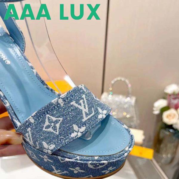 Replica Louis Vuitton Women LV Fame Platform Sandal Blue Monogram Denim Leather 11.5 CM Heel 10