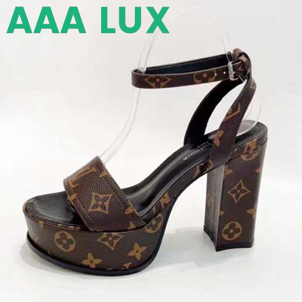 Replica Louis Vuitton Women LV Fame Platform Sandal Brown Monogram Denim Leather 11.5 CM Heel
