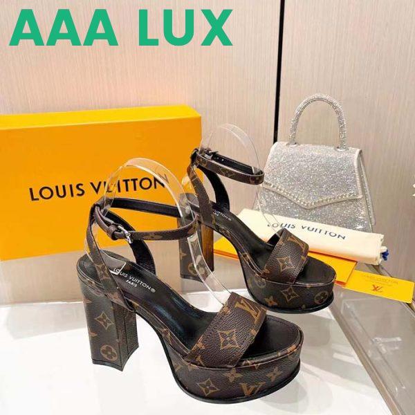 Replica Louis Vuitton Women LV Fame Platform Sandal Brown Monogram Denim Leather 11.5 CM Heel 7