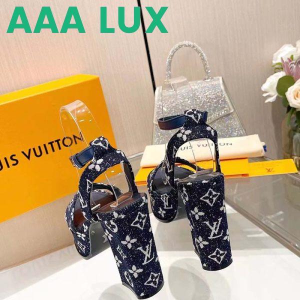 Replica Louis Vuitton Women LV Fame Platform Sandal Navy Monogram Denim Leather 11.5 CM Heel 6