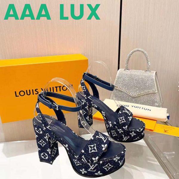 Replica Louis Vuitton Women LV Fame Platform Sandal Navy Monogram Denim Leather 11.5 CM Heel 7