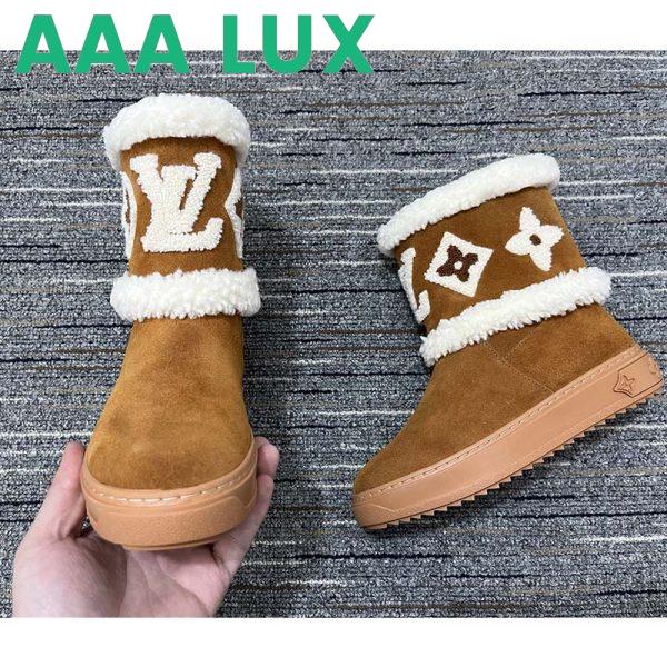 Replica Louis Vuitton Women LV Snowdrop Flat Ankle Boot Brown Suede Calf Leather Shearling Wool 6