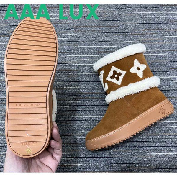 Replica Louis Vuitton Women LV Snowdrop Flat Ankle Boot Brown Suede Calf Leather Shearling Wool 7