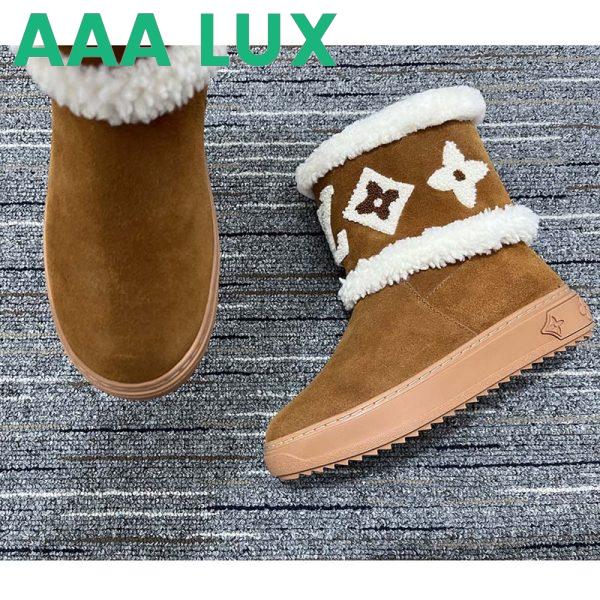 Replica Louis Vuitton Women LV Snowdrop Flat Ankle Boot Brown Suede Calf Leather Shearling Wool 8