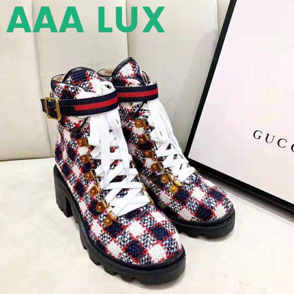 Replica Gucci Women Gucci Zumi GG Check Tweed Ankle Boot in Blue White and Red 5