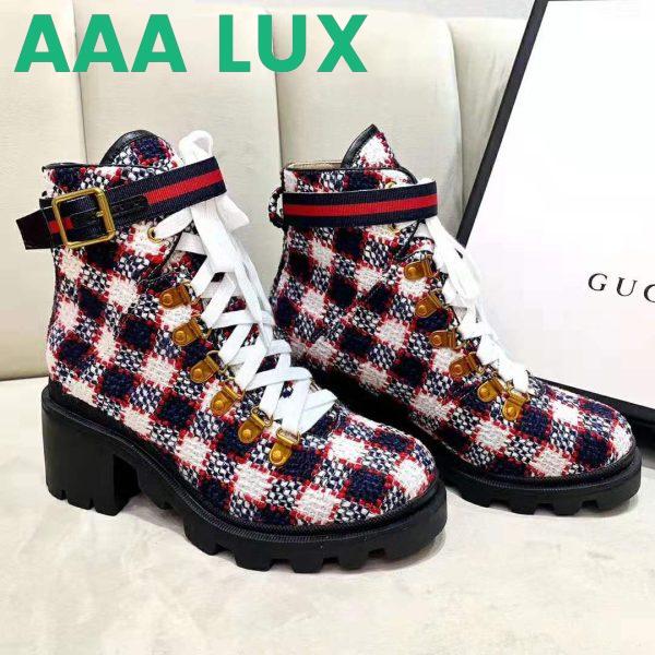 Replica Gucci Women Gucci Zumi GG Check Tweed Ankle Boot in Blue White and Red 7