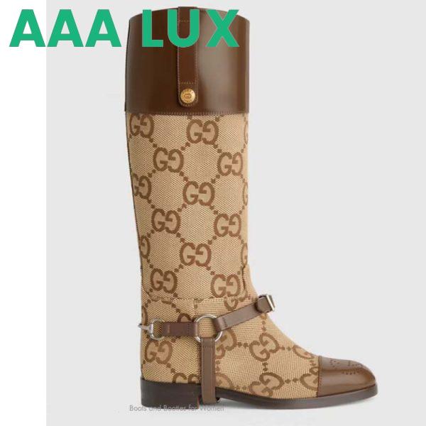 Replica Gucci Women Knee-High Boot Harness Beige Ebony Maxi GG Canvas Interlocking G