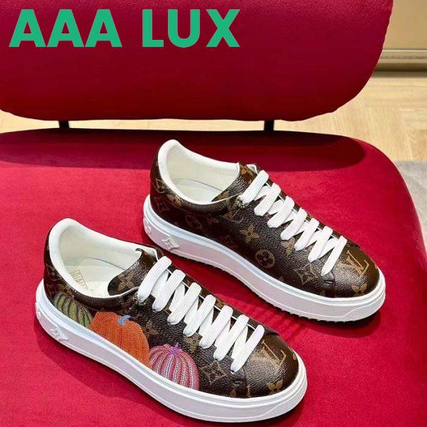 Replica Louis Vuitton Women LV Time Out Sneaker Brown Printed Patent Monogram Canvas Flowers 4